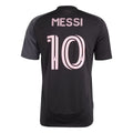 Black sports jersey with 'Messi' and number '10' on a light gray background