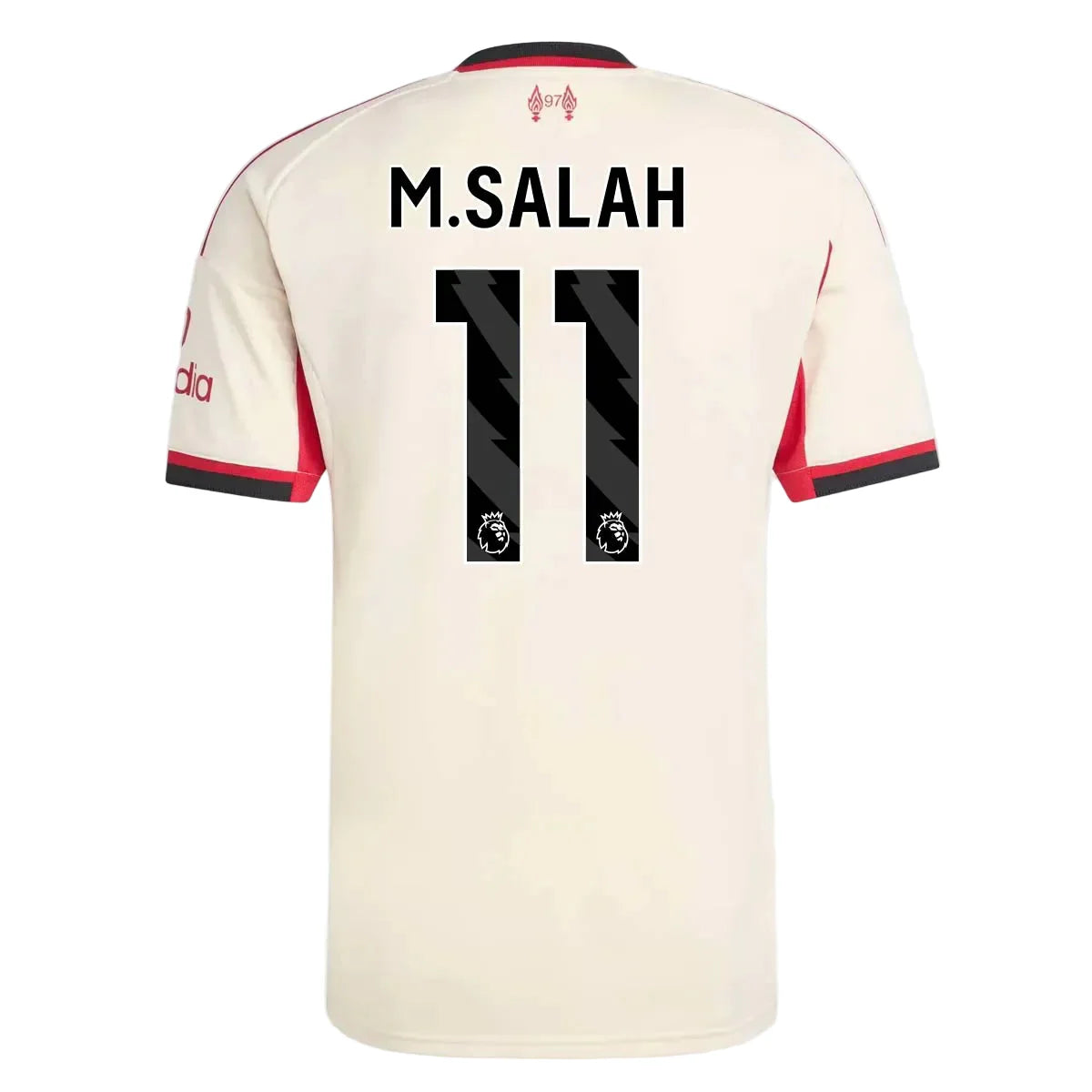 Beige sports jersey with 'M.Salah' and number '11' on a light gray background